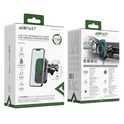 Acefast - Autós tartó vezeték nélküli töltéssel (D18) - iPhone-hoz, 2 az 1-ben Vezeték nélküli Gyorstöltés, Szellőzőrácsra, Rögzítőkapocs - Black