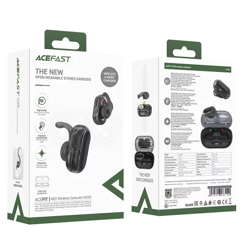 Acefast - Vezeték nélküli fülhallgató Acefit Neo (FA003) - USB-C, IPX4, Bluetooth 5.3, Hívászajcsökkentés, Basszuseffektus, 500mAh - Fekete