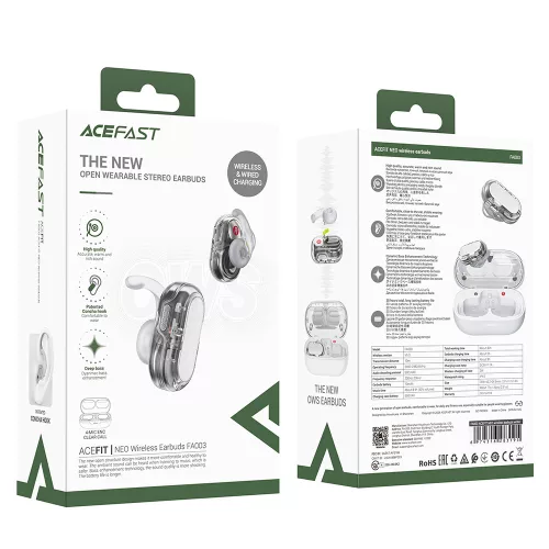Acefast - Vezeték nélküli fülhallgató Acefit Neo (FA003) - USB-C, IPX4, Bluetooth 5.3, Hívászajcsökkentés, Basszuseffektus, 550mAh - Fehér