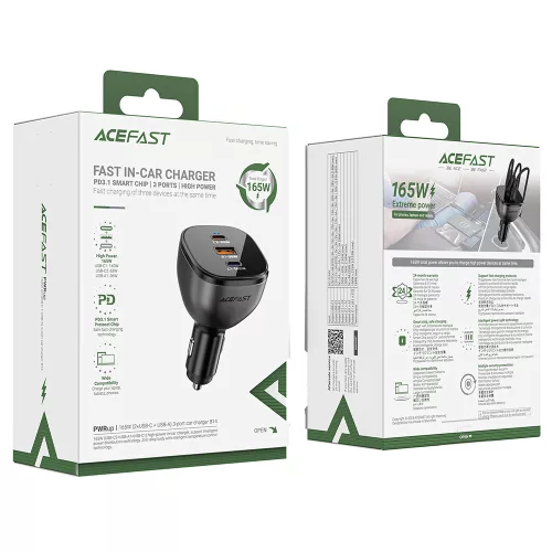 Acefast - Car Charger (B14) - 2x USB-C, USB, 165W, Fast Charging, Intelligent Temperature Control - Black