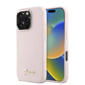   Guess - Szilikon Fém Logó Felirat és Kerettel (GUHCP16LSMBSLP) - iPhone 16 Pro - Rózsaszín
