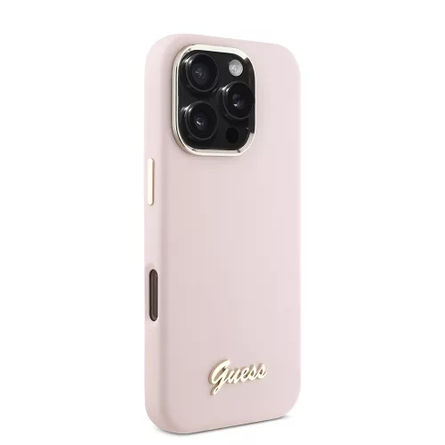 Guess - Szilikon Fém Logó Felirat és Kerettel (GUHCP16LSMBSLP) - iPhone 16 Pro - Rózsaszín