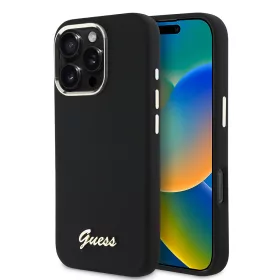   Guess - Szilikon Fém Logó Felirat és Kerettel (GUHCP16LSMBSLK) - iPhone 16 Pro - Fekete