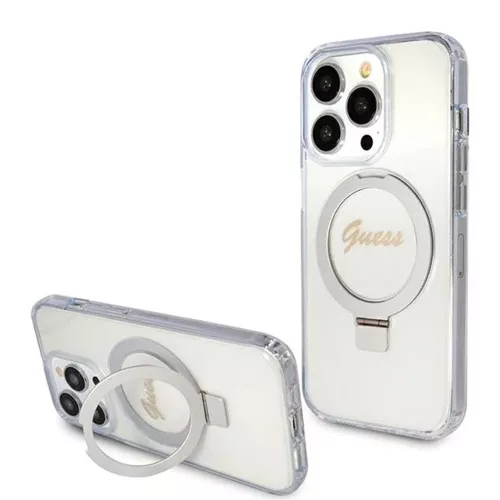 Guess - Gyűrűs Tartó Csillámos Felirat MagSafe (GUHMP15LHRSGSD) - iPhone 15 Pro - Átlátszó