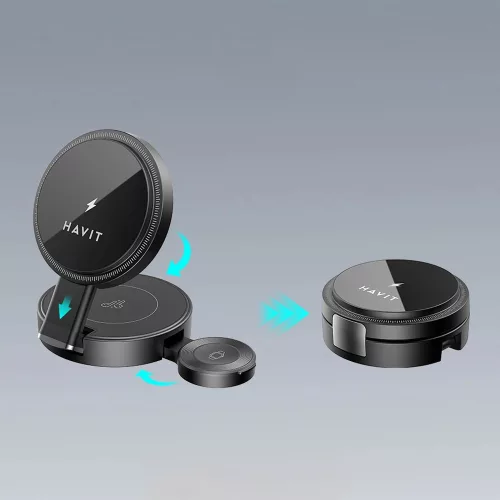 Havit - 3 az 1-ben vezeték nélküli töltőállomás (W3100) - telefonhoz/iWatch-hoz/fülhallgatóhoz, összecsukható, 15W - fekete