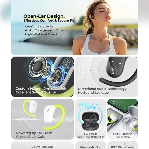 Havit - Vezeték nélküli fülhallgató (OWS915) - Mikrofonnal, Bluetooth 5.4, TWS, ENC, IPX5, USB-C, 1000mAh, Havit Life alkalmazás - Fehér