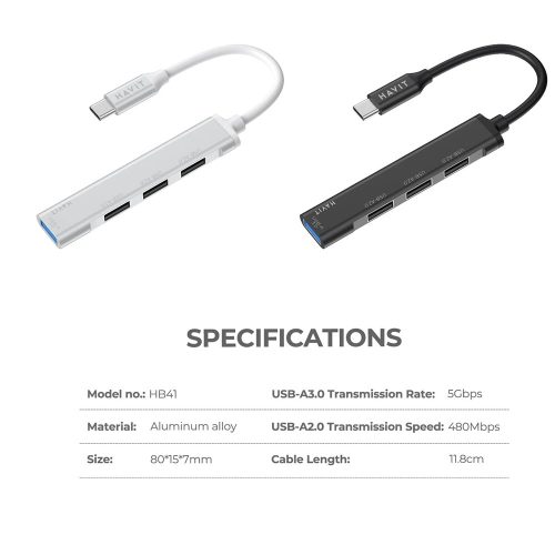 Havit - Docking Station (HB41) - USB 3.0, 3x USB 2.0, 11.8cm Cable Length, Aluminium Alloy - Silver