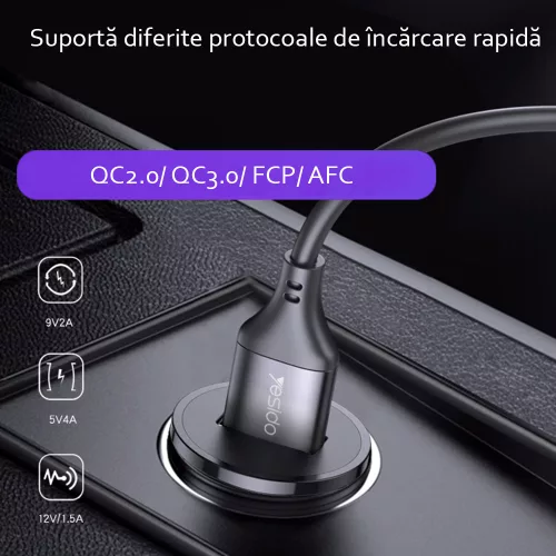 Yesido - Car Charger (Y38) - USB, QC3.0, FCP, AFC, 18W, 3A - Black
