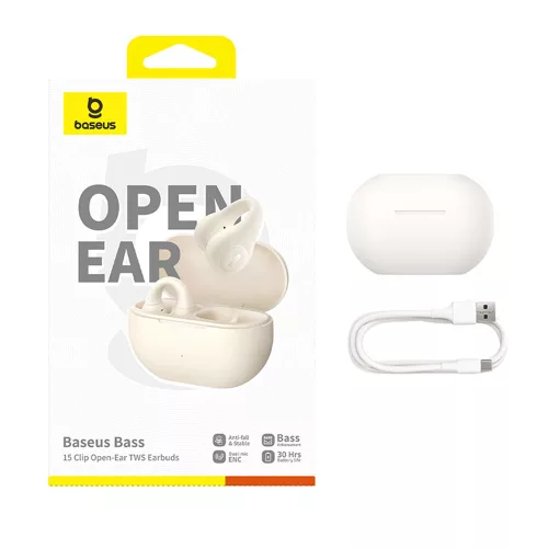 Baseus - Vezeték nélküli fülhallgató Bass 15 Clip (A00079500223-00) - Valódi vezeték nélküli, ENC, Bluetooth 5.4, Nyitott fülű, USB-C - Csillagfehér