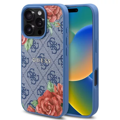 Guess - Hardcase 4G Flower Print MagSafe (GUHMP16LP4ROPEMCB) - iPhone 16 Pro - Blue