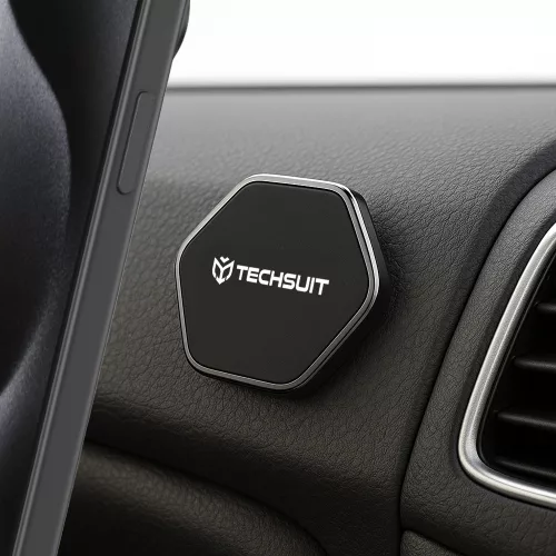 Techsuit - Phone Holder Tiny Series (HOLD210-C) - Dashboard Mágneses tapadás, Multipurpose Use, Hexagonal, 2 Metal Plates - Black