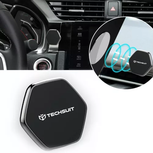 Techsuit - Phone Holder Tiny Series (HOLD210-C) - Dashboard Mágneses tapadás, Multipurpose Use, Hexagonal, 2 Metal Plates - Black