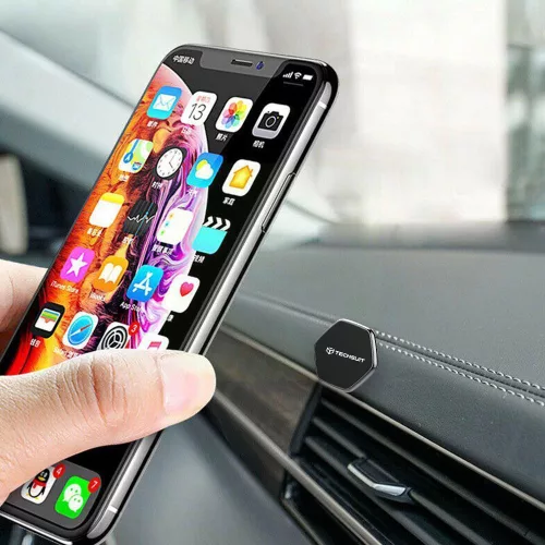 Techsuit - Phone Holder Tiny Series (HOLD210-C) - Dashboard Mágneses tapadás, Multipurpose Use, Hexagonal, 2 Metal Plates - Black