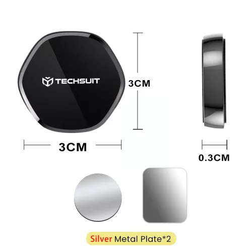 Techsuit - Phone Holder Tiny Series (HOLD210-C) - Dashboard Mágneses tapadás, Multipurpose Use, Hexagonal, 2 Metal Plates - Black