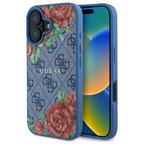 Guess - Keménytok 4G Virágmintás MagSafe (GUHMP16SP4ROPEMCB) - iPhone 16 - Kék