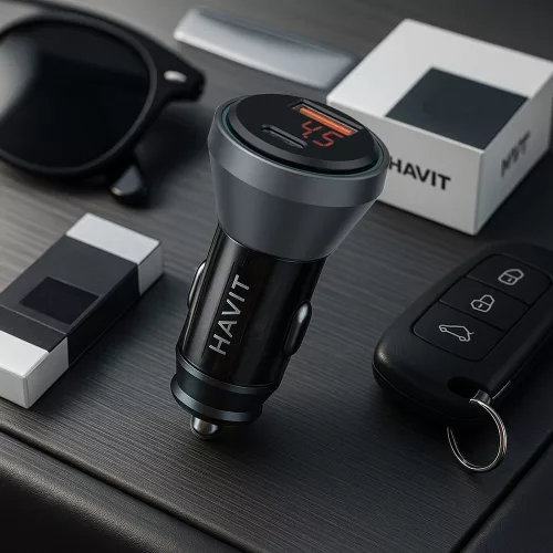 Havit - Car Charger (CC2017) - Type-C, USB, 45W, 3A, Visible Internal Structural Design - Black / Blue
