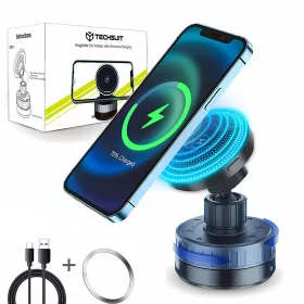   Techsuit - Premium Autós tartó vezeték nélküli töltéssel ChargeMagX (HOLD253) - N52 Mágnes, Powerful Tapadókorong, Műszerfalra - Black