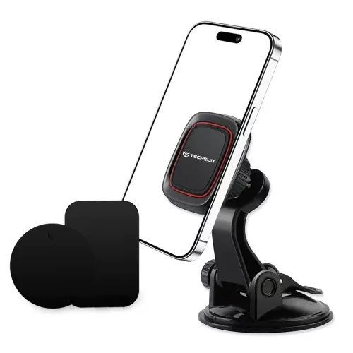 Techsuit - Autós tartó MagGrip (S6) - Műszerfalra, Mágneses tapadás, 360° forgás, Tapadókorong, 2 Metal Plates - Black/Red