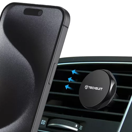 Techsuit - Autós tartó TinyGrip (S9) - Szellőzőrácsra, with Metal Plate, Erős mágnes, Univerzális Compatibility - Black / Silver