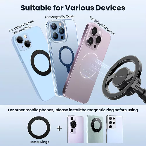 Techsuit - Autós tartó MagProX (S12) - Műszerfalra, MagSafe kompatibilis, 360° forgás, Tapadókorong Mounting Base - Black