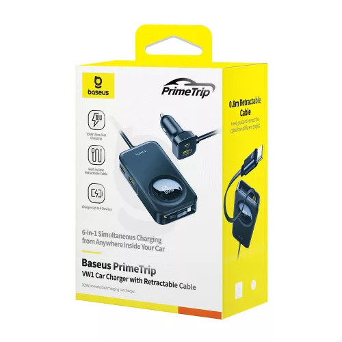 Baseus - Car Charger PrimeTrip VW1 (C00069000121-00) - 3x USB, 3x Type-C, 105W, Fast Charge, 60W Retractable Cable - Black