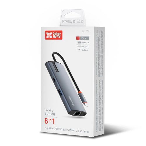 ColorWay - Docking Station (CW-HUB03) - 4x USB, Type-C, RJ45, PD 100W, 5Gps, Ethernet 1 GbE, 5A, Indicator, Cable - Silver