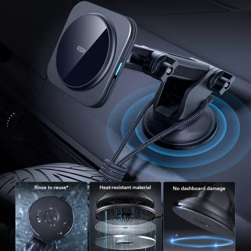 ESR - Autós tartó vezeték nélküli töltéssel Qi2 HaloLock - CryoBoost technológia, MagSafe kompatibilis, 15W, Műszerfalra - Black