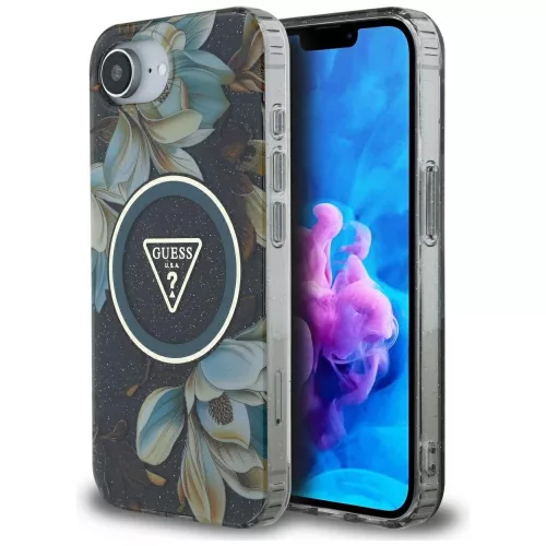 Guess - IML Fém Csillámos Virágos Háromszög MagSafe (GUHMPSE4HFLPEDK) - iPhone 16e / iPhone 17e - Fekete