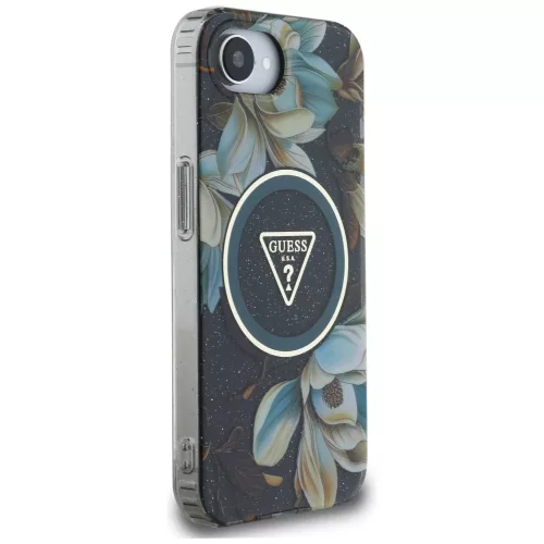 Guess - IML Fém Csillámos Virágos Háromszög MagSafe (GUHMPSE4HFLPEDK) - iPhone 16e / iPhone 17e - Fekete