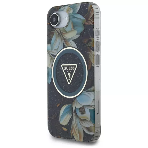 Guess - IML Fém Csillámos Virágos Háromszög MagSafe (GUHMPSE4HFLPEDK) - iPhone 16e / iPhone 17e - Fekete