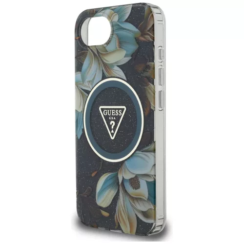 Guess - IML Fém Csillámos Virágos Háromszög MagSafe (GUHMPSE4HFLPEDK) - iPhone 16e / iPhone 17e - Fekete