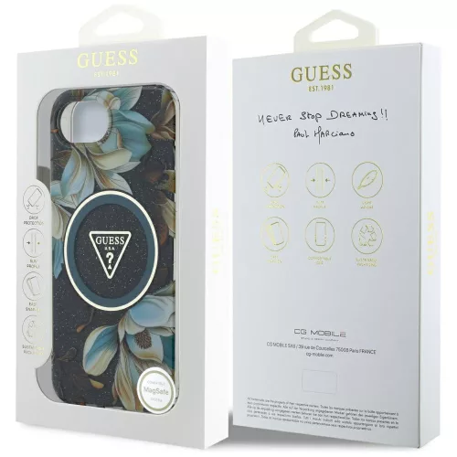 Guess - IML Fém Csillámos Virágos Háromszög MagSafe (GUHMPSE4HFLPEDK) - iPhone 16e / iPhone 17e - Fekete