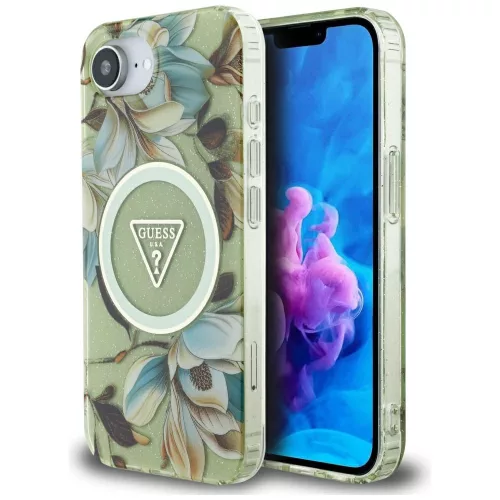Guess - IML Fém Csillámos Virágos Háromszög MagSafe (GUHMPSE4HFLPEDN) - iPhone 16e / iPhone 17e - Zöld