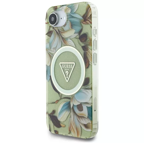 Guess - IML Fém Csillámos Virágos Háromszög MagSafe (GUHMPSE4HFLPEDN) - iPhone 16e / iPhone 17e - Zöld