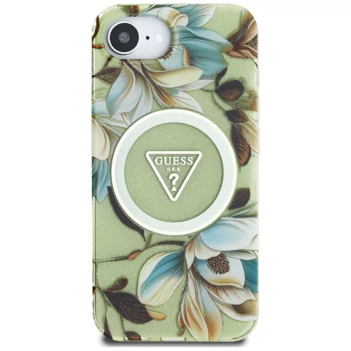 Guess - IML Fém Csillámos Virágos Háromszög MagSafe (GUHMPSE4HFLPEDN) - iPhone 16e / iPhone 17e - Zöld