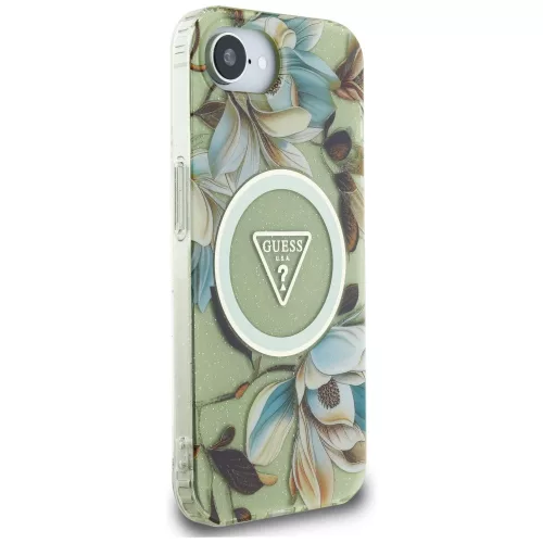 Guess - IML Fém Csillámos Virágos Háromszög MagSafe (GUHMPSE4HFLPEDN) - iPhone 16e / iPhone 17e - Zöld