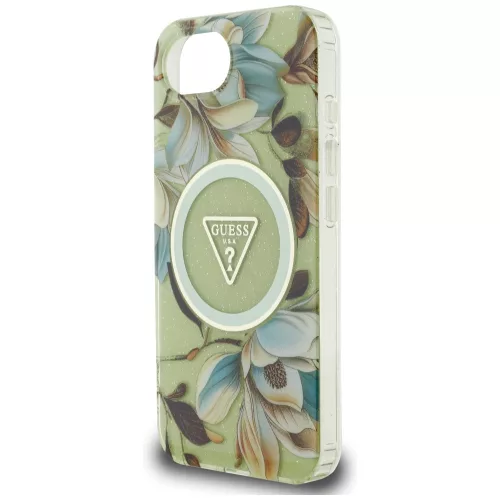 Guess - IML Fém Csillámos Virágos Háromszög MagSafe (GUHMPSE4HFLPEDN) - iPhone 16e / iPhone 17e - Zöld