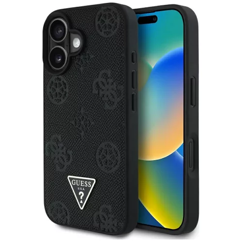 Guess - Bazsarózsás Szemcsézett Hőpecsétes Háromszög MagSafe (GUHMP16SPGBTMK) - iPhone 16 - Fekete
