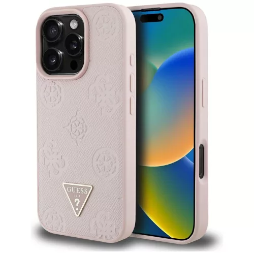 Guess - Bazsarózsás Szemcsézett Hőpecsétes Háromszög MagSafe (GUHMP16LPGBTMP) - iPhone 16 Pro - Rózsaszín