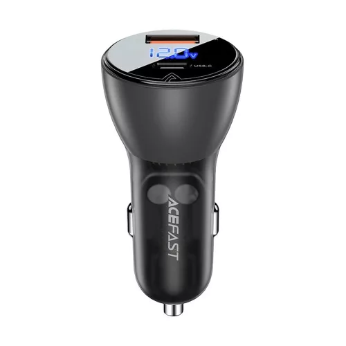 Acefast - Car Charger (B6) - with Digital Display, USB, Type-C, Fast Charging, 63W, PD3.0, PPS, QC3.0, Zinc Alloy - Black