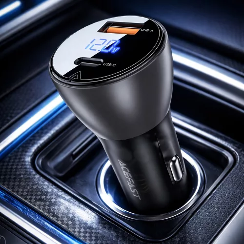 Acefast - Car Charger (B6) - with Digital Display, USB, Type-C, Fast Charging, 63W, PD3.0, PPS, QC3.0, Zinc Alloy - Black
