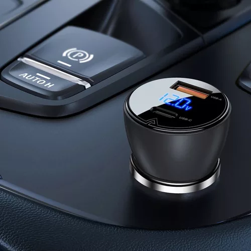 Acefast - Car Charger (B6) - with Digital Display, USB, Type-C, Fast Charging, 63W, PD3.0, PPS, QC3.0, Zinc Alloy - Black