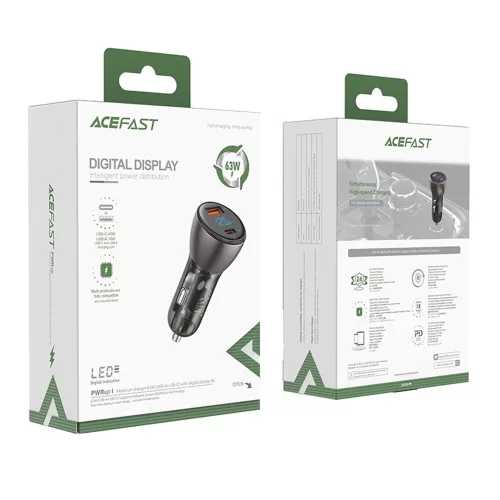 Acefast - Car Charger (B6) - with Digital Display, USB, Type-C, Fast Charging, 63W, PD3.0, PPS, QC3.0, Zinc Alloy - Black
