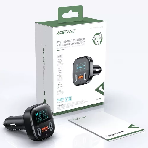 Acefast - Car Charger (B5) - Fast Charging, OLED Digital Display, 2x Type-C, USB, 101W, Zinc Alloy - Black