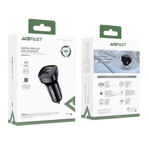 Acefast - Car Charger (B4) - with Digital Display, Fast Charging, USB, Type-C, 66W - Black