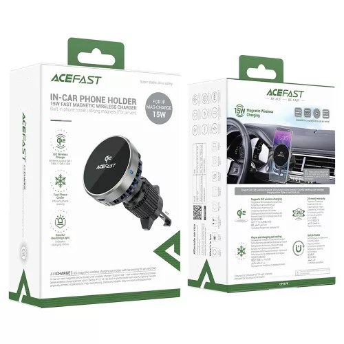 Acefast - Autós tartó vezeték nélküli töltéssel (D40) - Szellőzőrácsra, Mágneses tapadás, Ice Cooling hűtés, Qi2, USB-C, 15W - Metal Gray