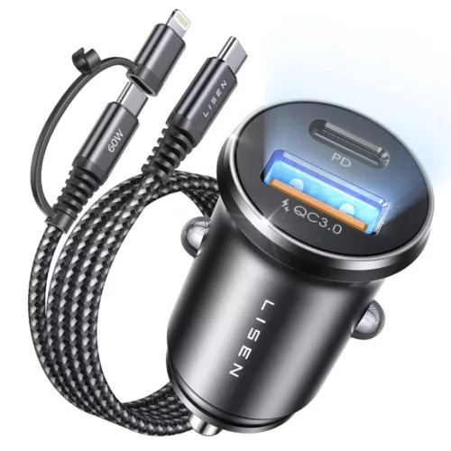 Lisen - Car Charger (YL0223080035) - USB, Type-C, with 3in1 Type-C/Lightning to Type-C Cable, 12V/24V - Black