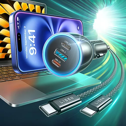 Lisen - Car Charger (YL0224010001) - with Type-C Cable, USB-A, Type-C, 170W, GaN, Aluminum Alloy, 12V/24V, 1m - Black