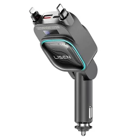   Lisen - Car Charger (YL0224080017) - 4in1, USB, Type-C, with 2x Retractable Cable, LED Display, 96W, 12V=24V - Black