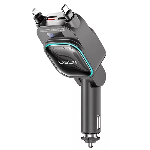 Lisen - Car Charger (YL0224080017) - 4in1, USB, Type-C, with 2x Retractable Cable, LED Display, 96W, 12V=24V - Black